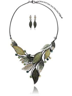 Vintage Floral Statement Jewelry Set - Leaf Necklace & Earring Gift for Women